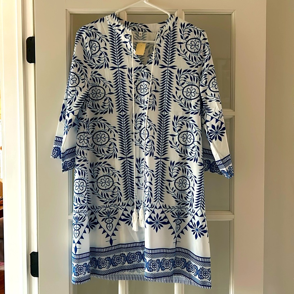 Blue and white beach dress. Perfect for a vacation cover up or evening dinner